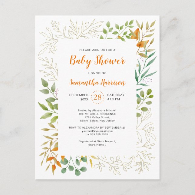 Budget Fall Foliage Cute Botanical Baby Shower Invitation Postcard (Front)