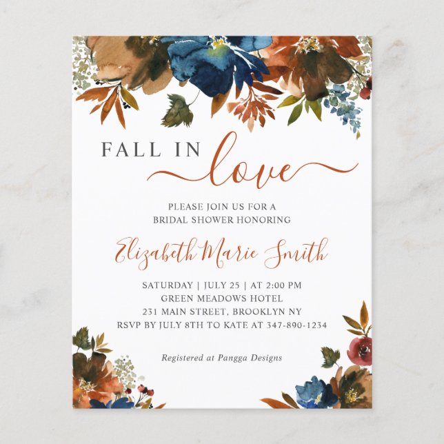 Budget Fall in Love Floral Navy Blue Bridal Shower (Front)