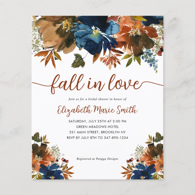 Budget Fall in Love Floral Navy Blue Bridal Shower (Front)