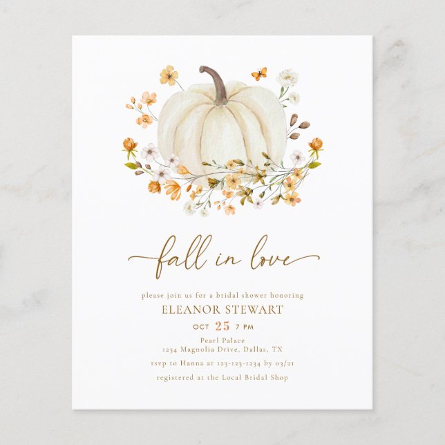 BUDGET Fall In Love Floral Pumpkin Bridal Shower Flyer (Front)