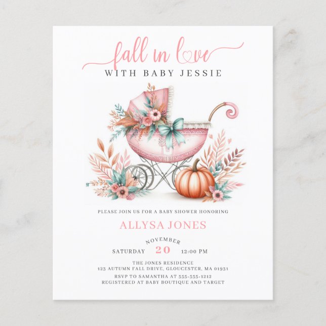 Budget Fall In Love Pink Autumn Floral Baby Shower (Front)