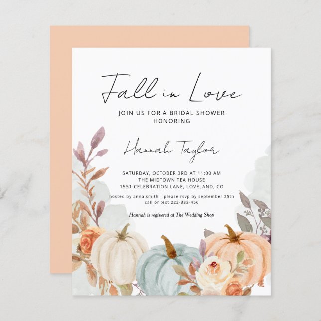 Budget Fall in Love Pumpkin Bridal Shower Invite (Front/Back)