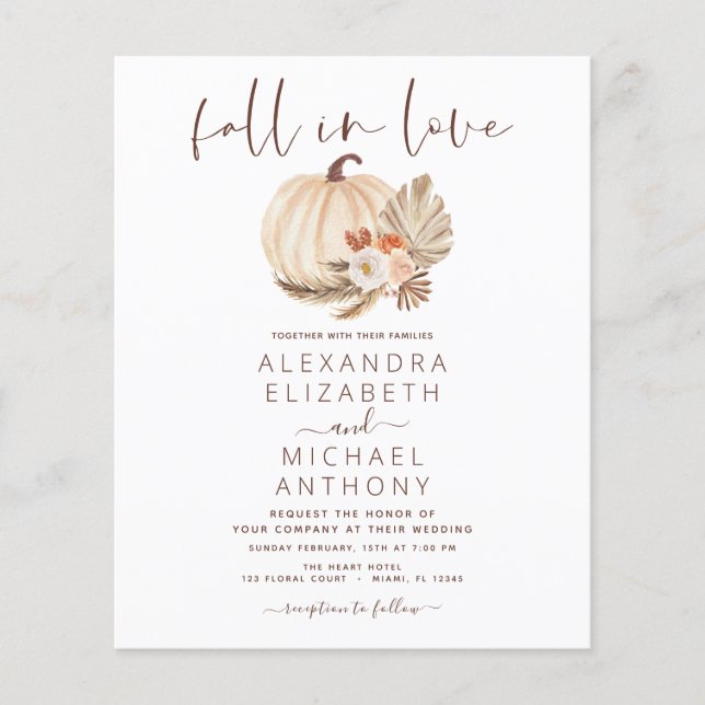 Budget Fall in Love Wedding Pampas Grass Pumpkin Flyer (Front)