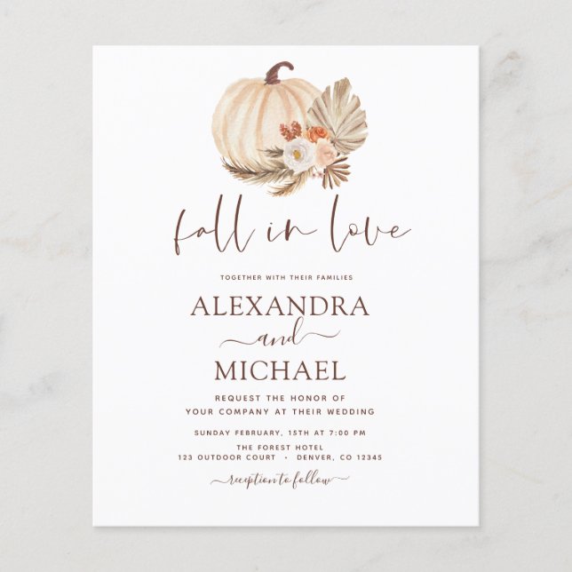 Budget Fall in Love Wedding Pampas Grass Pumpkin Flyer (Front)