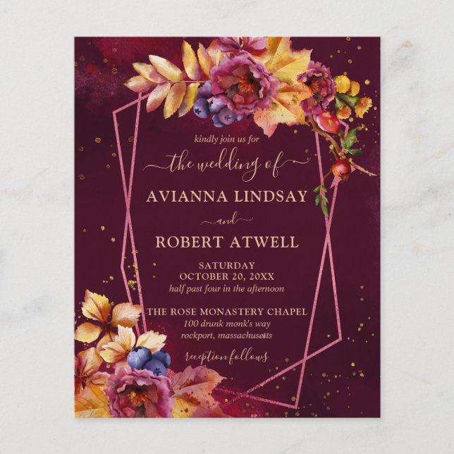 Budget Fall Leaves Flowers Burgundy Wedding Invite (Front)