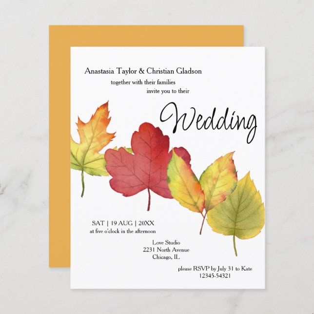 Budget Fall Leaves Wedding Invitation (Front/Back)