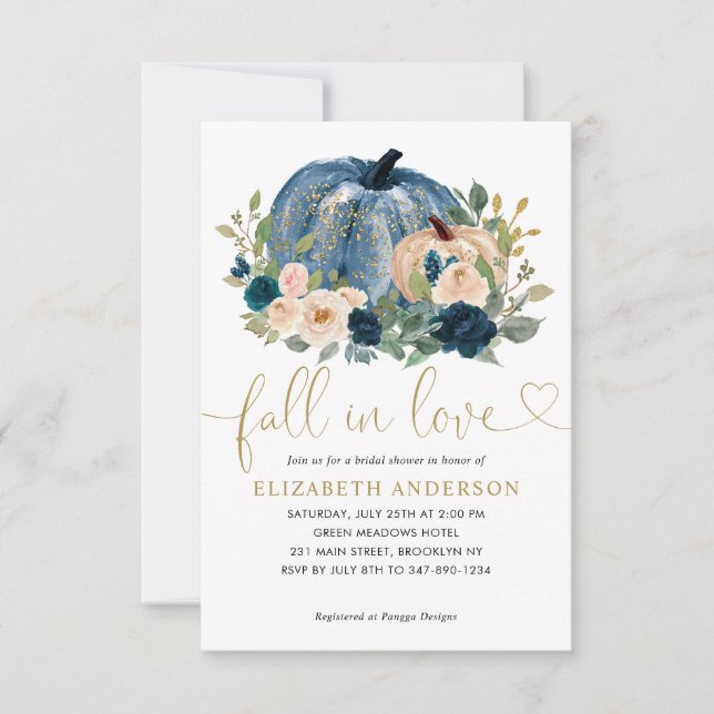 Budget Fall Love Blue Floral Pumpkin Bridal Shower Card (Front)