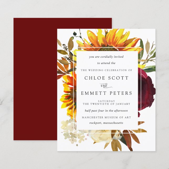 Budget Fall Sunflowers Burgundy Wedding Invitation (Front/Back)