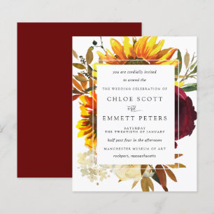 Budget Fall Sunflowers Burgundy Wedding Invitation