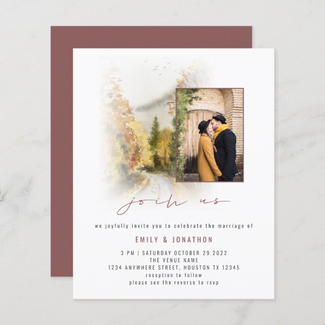 Budget Fall Trees Photo QR Join Us Wedding Invite (Front/Back)