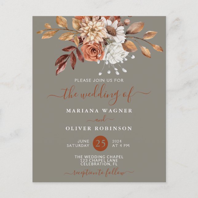 Budget Fall Watercolor Floral on Grey Wedding (Front)