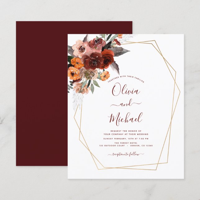 Budget Fall Wedding Burgundy Gold Floral (Front/Back)