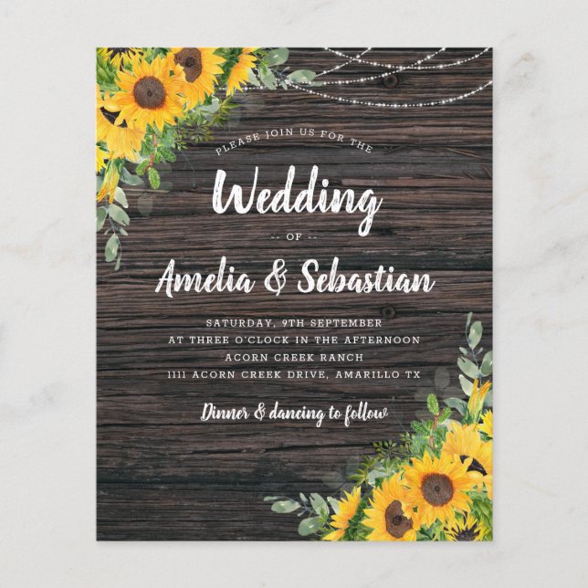 BUDGET Fall Wood Sunflower Wedding Invitation (Front)