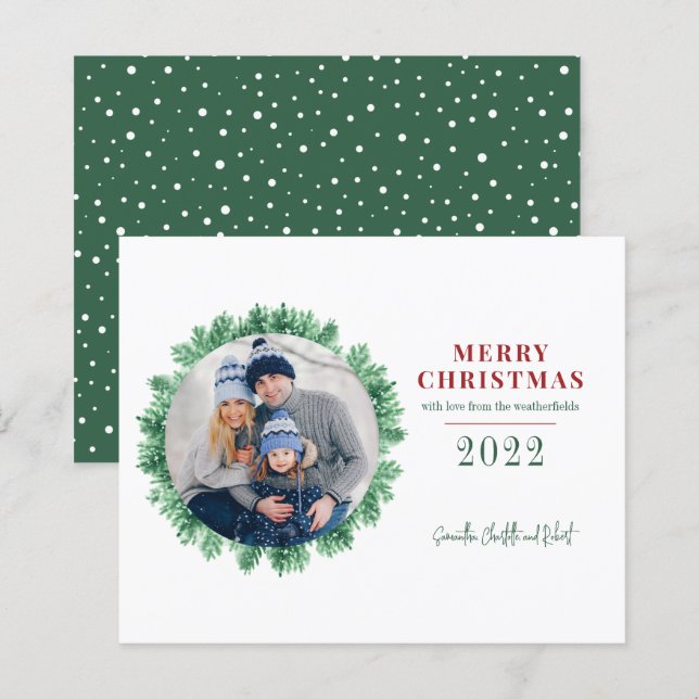 Budget Family Photo Pine Christmas Holiday Card (Front/Back)