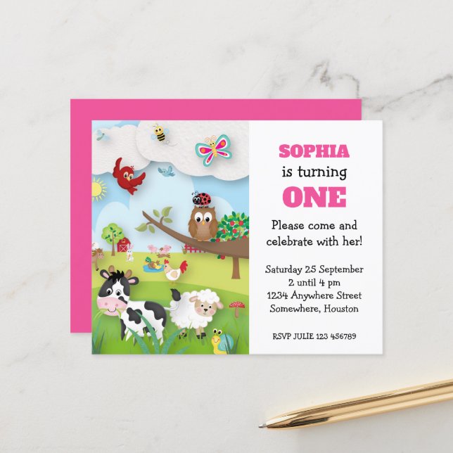 Budget Farm Animals First Birthday Invitation (Front/Back In Situ)