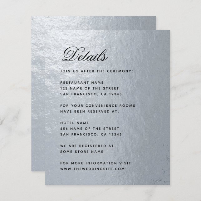 Budget Faux Silver Foil Black Wedding Details Card (Front/Back)