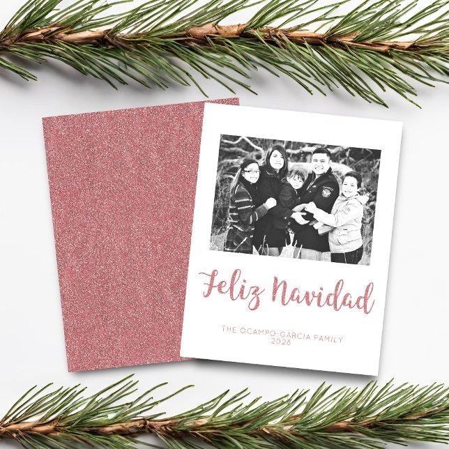 Budget Feliz Navidad Rose Gold Glitter Photo (Budget Feliz Navidad Rose Gold Glitter Photo Card)