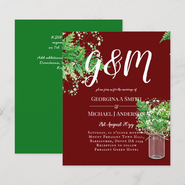 BUDGET Ferns Greenery Burgundy Wedding Invite (Front/Back)