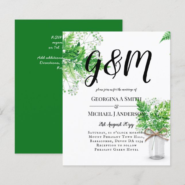BUDGET Ferns Greenery White Wedding Invite (Front/Back)
