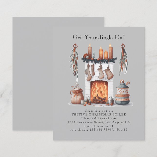 Budget Festive Fireplace Christmas Party Invite (Front/Back)