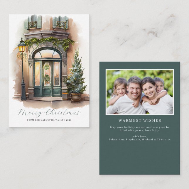 Budget Festive Merry Christmas Watercolor Photo Card (Front/Back)