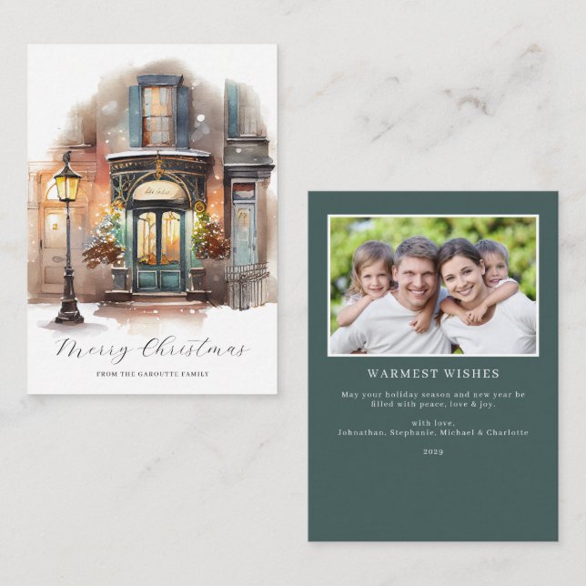 Budget Festive Watercolor Holiday Photo Christmas Card (Front/Back)