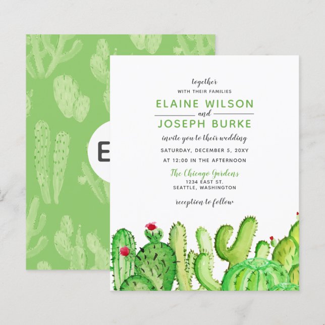Budget Fiesta Cactus Green Wedding Invitation (Front/Back)