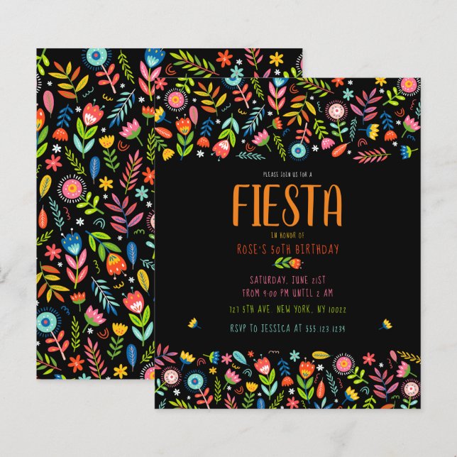 Budget Fiesta Floral Birthday Invitations (Front/Back)