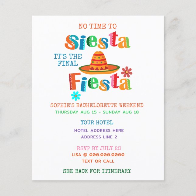 Budget Final Fiesta Itinerary Bachelorette Party  (Front)