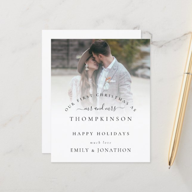 Budget First Christmas Mr and Mrs Photo Names Card (Front/Back In Situ)