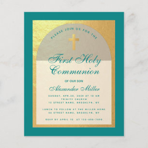 Budget First Communion Faux Gold Teal Invitation