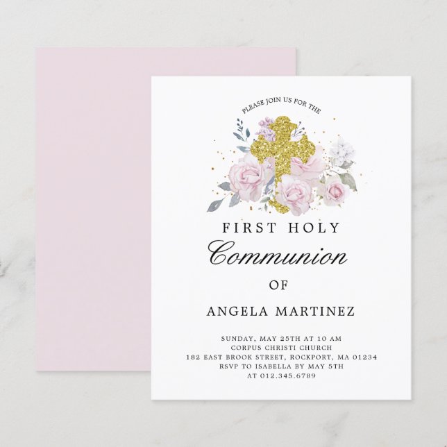 Budget First Communion Pink Floral Invitation (Front/Back)
