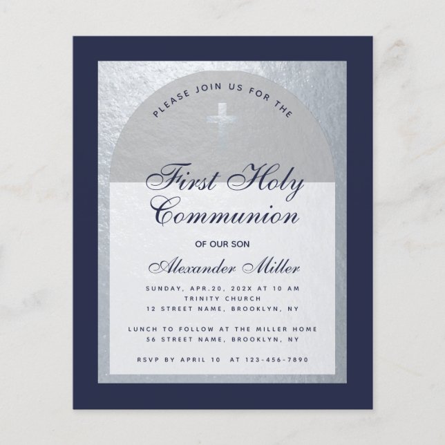 Budget First Communion Silver Navy Blue Invitation (Front)
