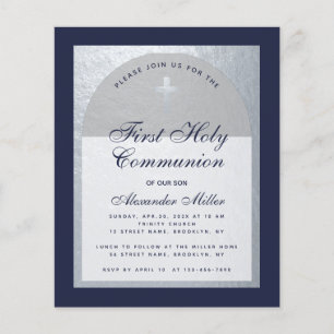 Budget First Communion Silver Navy Blue Invitation