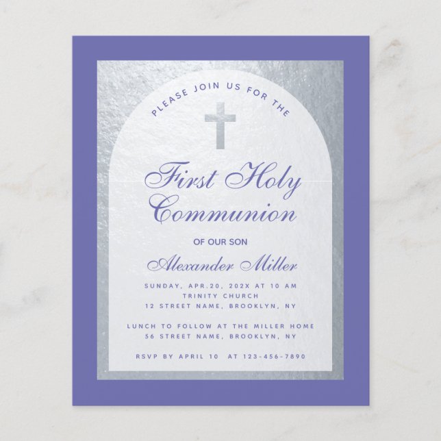 Budget First Communion Silver Violet Invitation (Front)