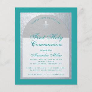 Budget First Communion Teal Blue Silver Invitation