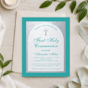 Budget First Communion Teal Blue Silver Invitation