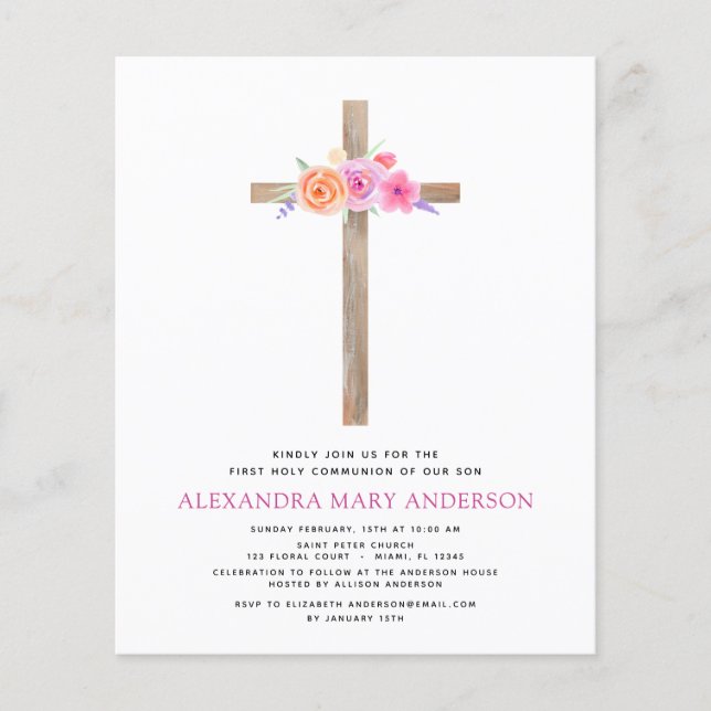 Budget First Holy Communion Pastel Floral Pink Flyer (Front)