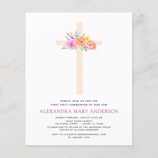 Budget First Holy Communion Pastel Floral Pink Flyer (Front)