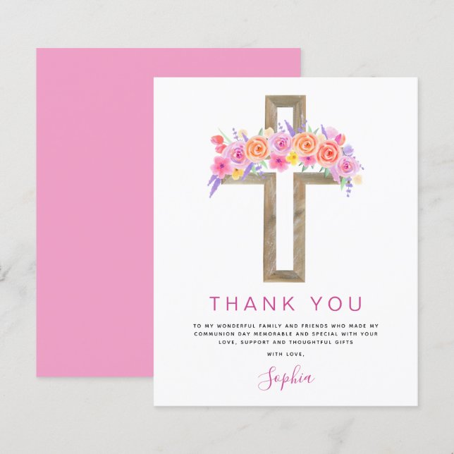 Budget First Holy Communion Thank You Floral Pink (Front/Back)