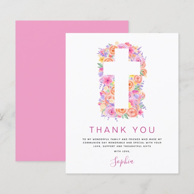 Budget First Holy Communion Thank You Floral Pink (Front/Back)