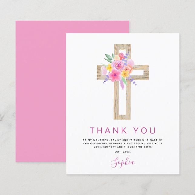 Budget First Holy Communion Thank You Floral Pink (Front/Back)