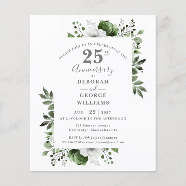 Budget Floral 25th Wedding Anniversary Invitation (Front)
