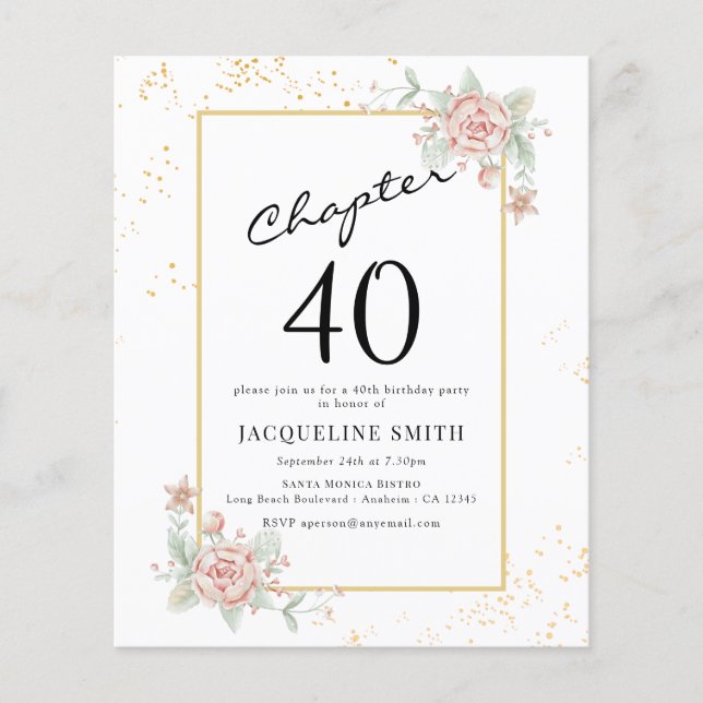 Budget Floral 40th Birthday Invitation Flyer (Front)