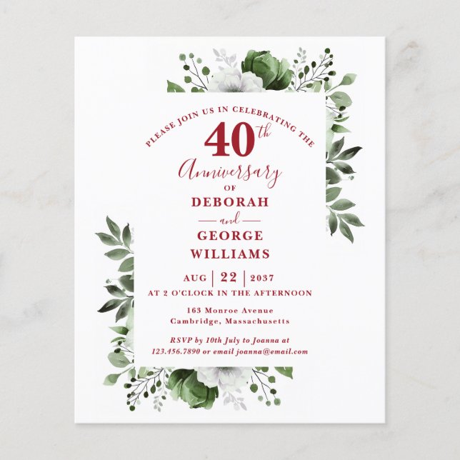 Budget Floral 40th Wedding Anniversary Invitation (Front)