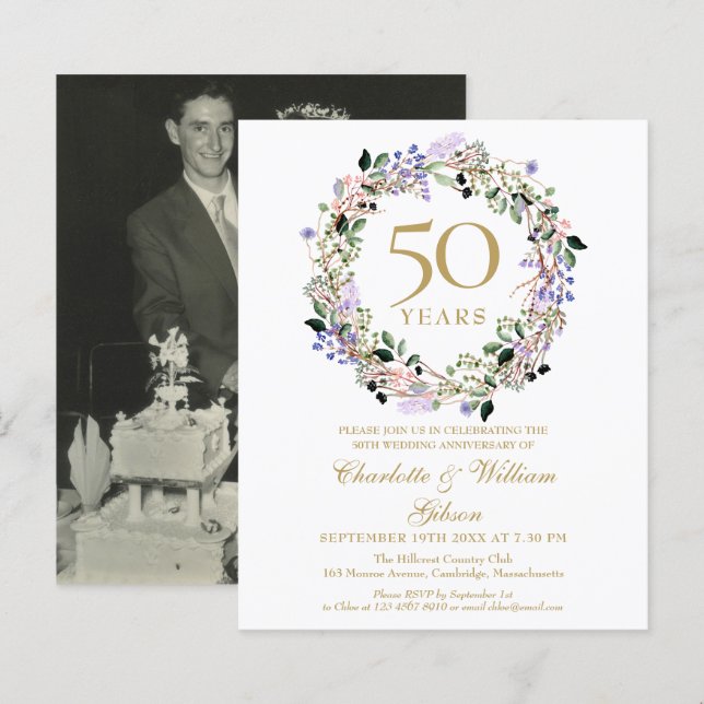 Budget Floral 50th Anniversary Photo Invitation (Front/Back)