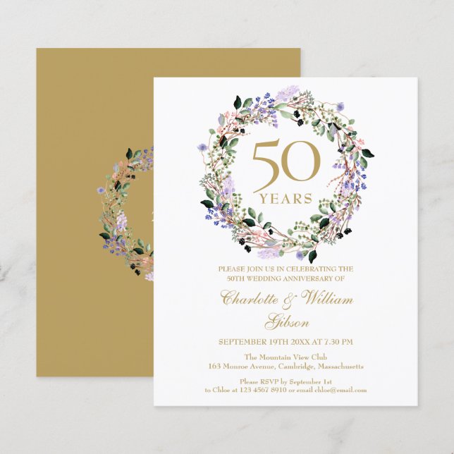 Budget Floral 50th Wedding Anniversary Invitation (Front/Back)