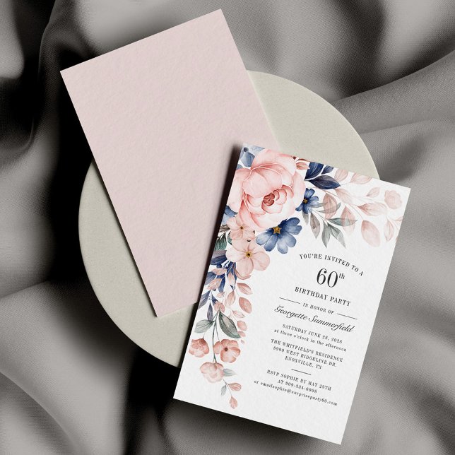 Budget Floral 60th Birthday Dusty Blue Pink Card (Creator Uploaded)