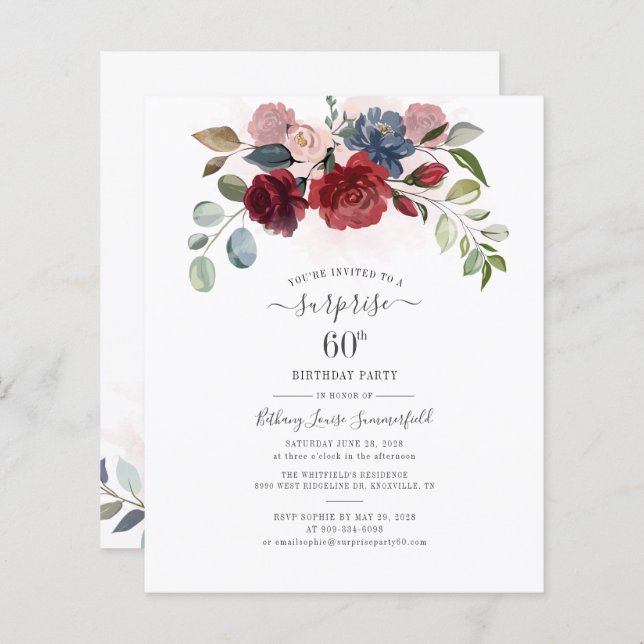 Budget Floral 60th Birthday Eucalyptus Invitation (Front/Back)
