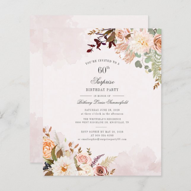 Budget Floral 60th Birthday Party Invitation (Front/Back)